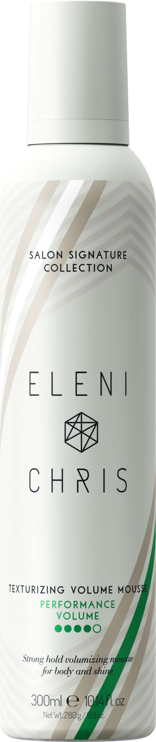 En hvit flaske med hårpleieprodukt med grønne og beige detaljer, merket 'Eleni Chris' og 'Texturizing Volume Mousse.'