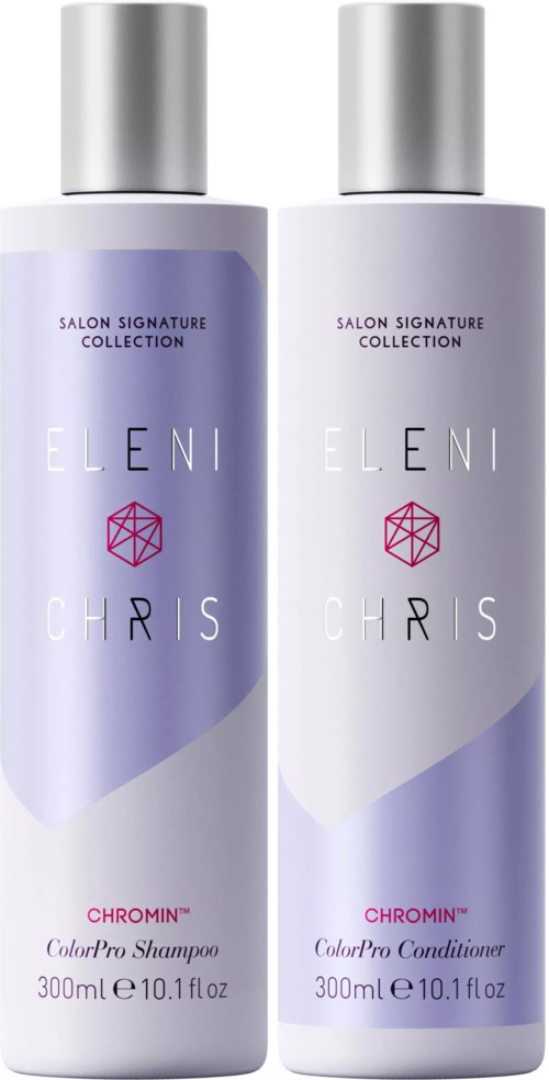 Zwei Flaschen Haarpflegeprodukte von Eleni Chris, Shampoo und Conditioner, jeweils 300 ml, in lila und weißen Flaschen.