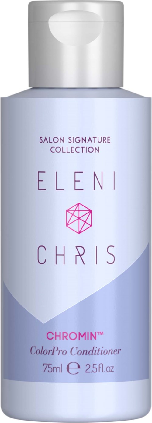 A bottle of Eleni and Chris Chromin color-protect conditioner with a white cap and light purple label.
