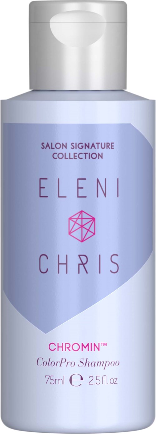 A light purple bottle with white cap, labeled Eleni Chris Chrome ColorPro Shampoo, 75ml, for hair care.