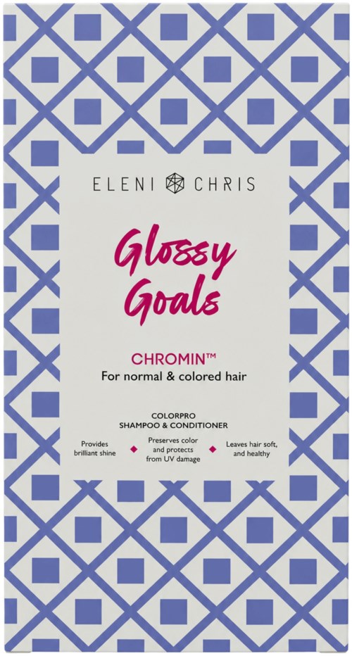 Packaging box with purple geometric patterns, text about Glossy Goals shampoo and conditioner for colored hair.