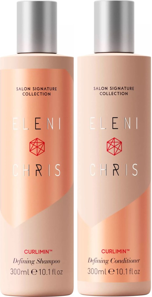 Zwei Haarpflegeflaschen, eine für Shampoo und eine für Conditioner, aus Eleni Chris's Salon-Kollektion.