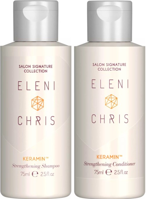 Zwei Haarpflegflaschen mit Keramin Shampoo und Conditioner, Teil der Eleni Chris Sammlung und Salongserie.