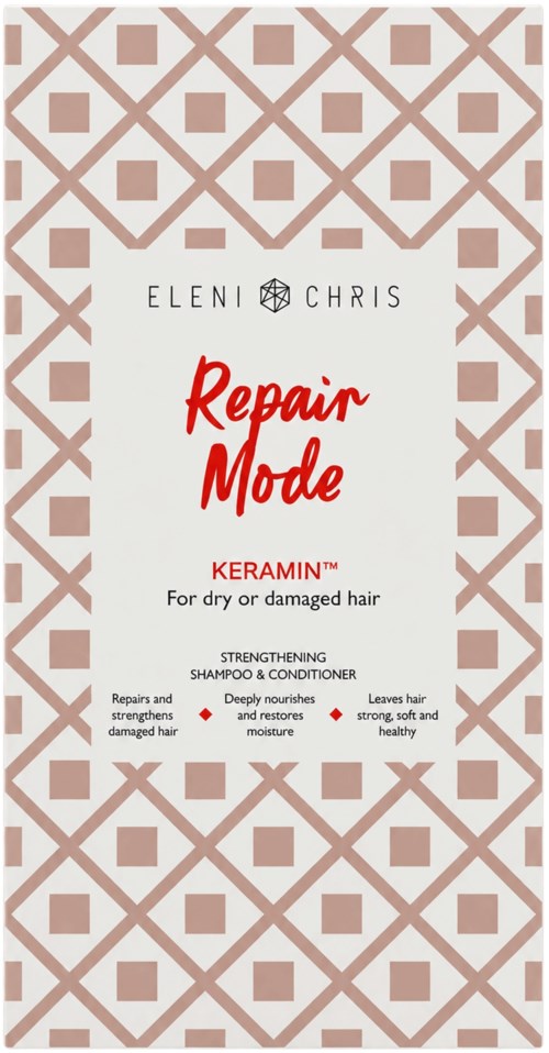 Product packaging for Eleni & Chris Repair Mode Keramin shampoo and conditioner for dry or damaged hair.