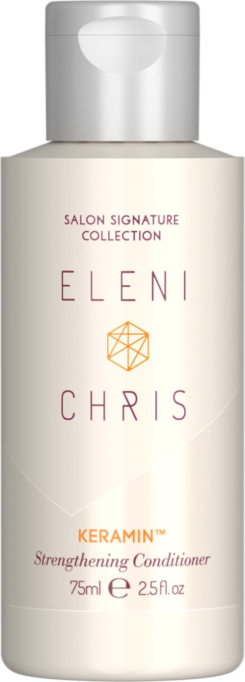 A white bottle with a silver cap, labeled Keratin Strengthening Conditioner, 75ml, part of the Eleni and Chris collection.