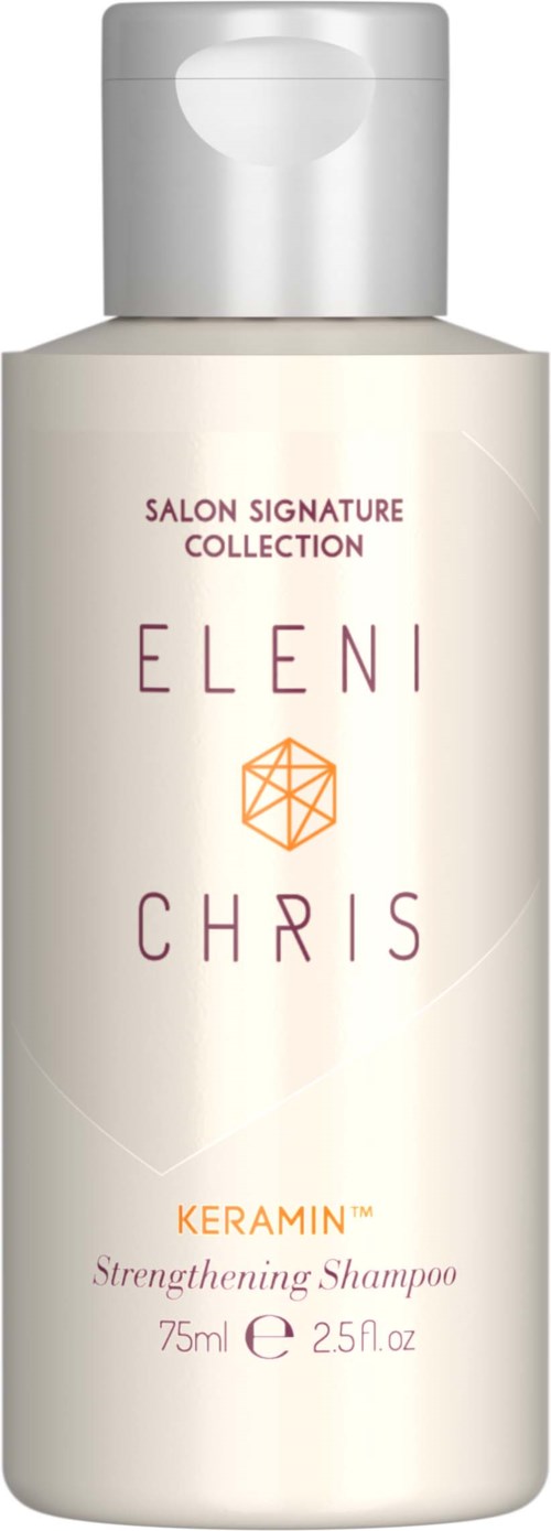 A shampoo bottle with white and orange design, labeled Keramin Strengthening Shampoo, 75ml, part of Eleni Chris collection.