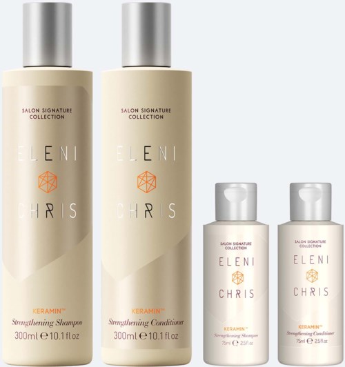 Four bottles of hair care products, two large shampoo and conditioner, and two smaller travel size bottles.