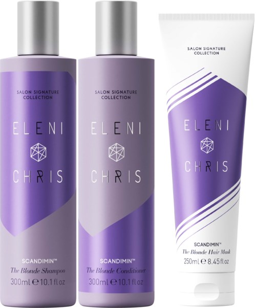 Två lila hårvårdsflaskor och en vit tub, alla märkta 'Eleni' och 'Chris' med produktnamn.