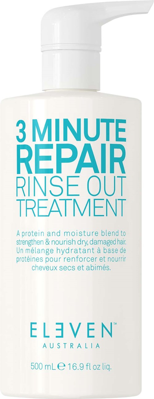 En vit flaska med pump innehåller en hårvårdsprodukt kallad 3 Minute Repair Rinse Out Treatment från ELEVEN Australia.