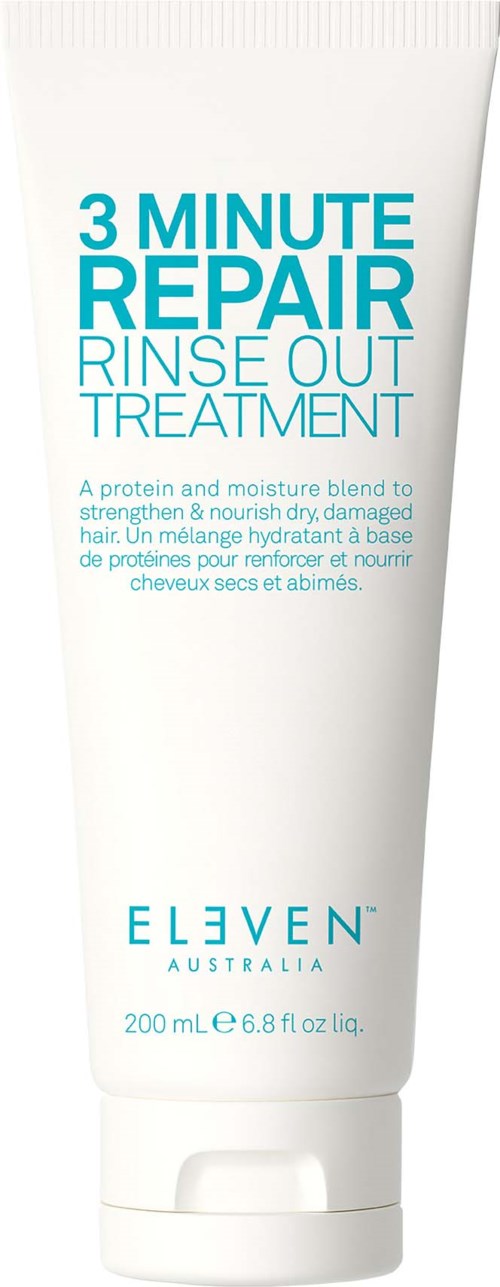 En vit tub med hårvårdsprodukt kallad '3 Minute Repair Rinse Out Treatment' från Eleven Australia, 200ml.