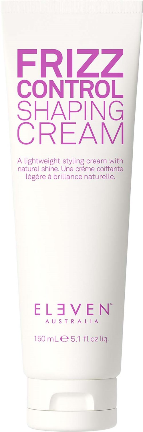 Valkoinen putkilopakkaus hiusgeelille, jossa purppura teksti 'Frizz Control Shaping Cream' -valmistajalta Eleven Australia, 150 ml.