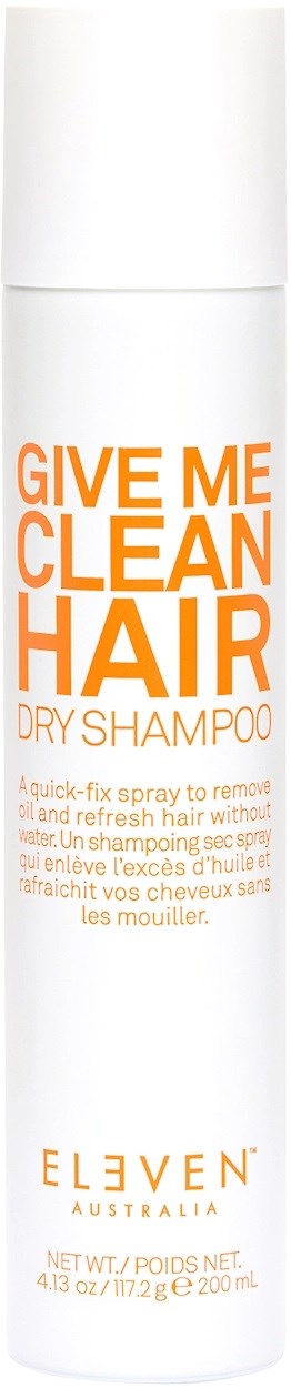 Eine weiße Flasche Trockenshampoo mit orangefarbenem Text, der nach saarem Haar fragt und einen Markennamen ELEVEN.