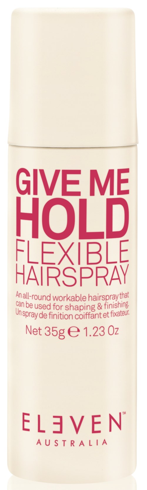 A white canister of hair spray with pink and red text saying "Give Me Hold Flexible Hairspray".