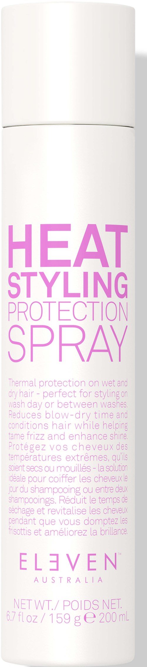 Biała puszka spray'u z etykietą 'Heat Styling Protection Spray' od Eleven Australia, przeznaczona do ochrony włosów.