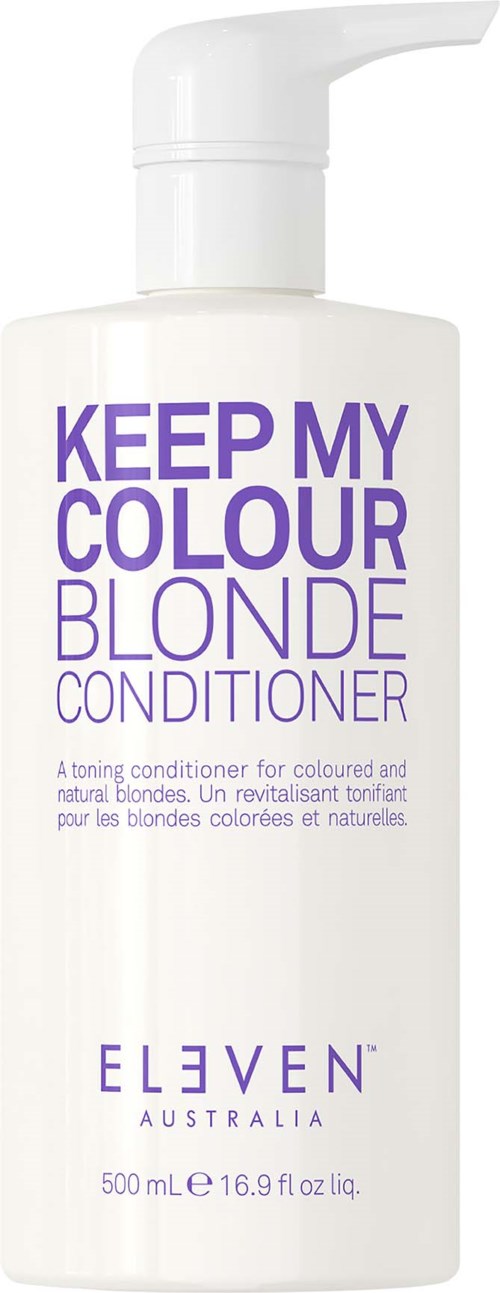 En vit flaska med blonderbalsam med pump, märkt 'Keep My Colour Blonde Conditioner'.