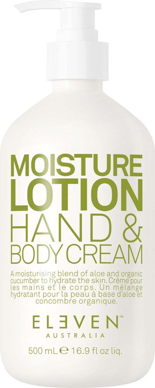 En hvit flaske merket 'Moisture Lotion Hand & Body Cream' med pumpe, inneholder 500 ml hudfuktighetskrem.