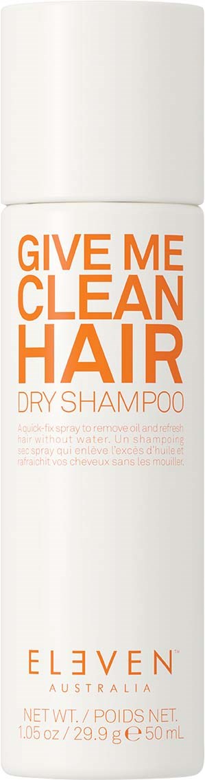 A white bottle of dry shampoo with orange text, offering to clean hair and remove oil.