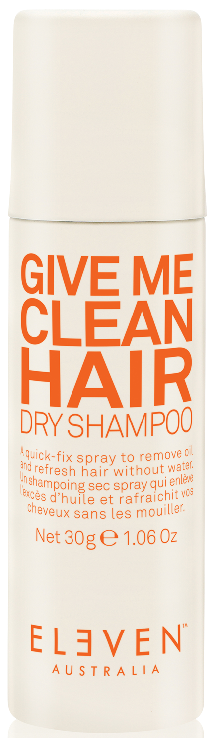 A white spray bottle with orange text offering dry shampoo called "GIVE ME CLEAN HAIR" by ELEVEN AUSTRALIA.