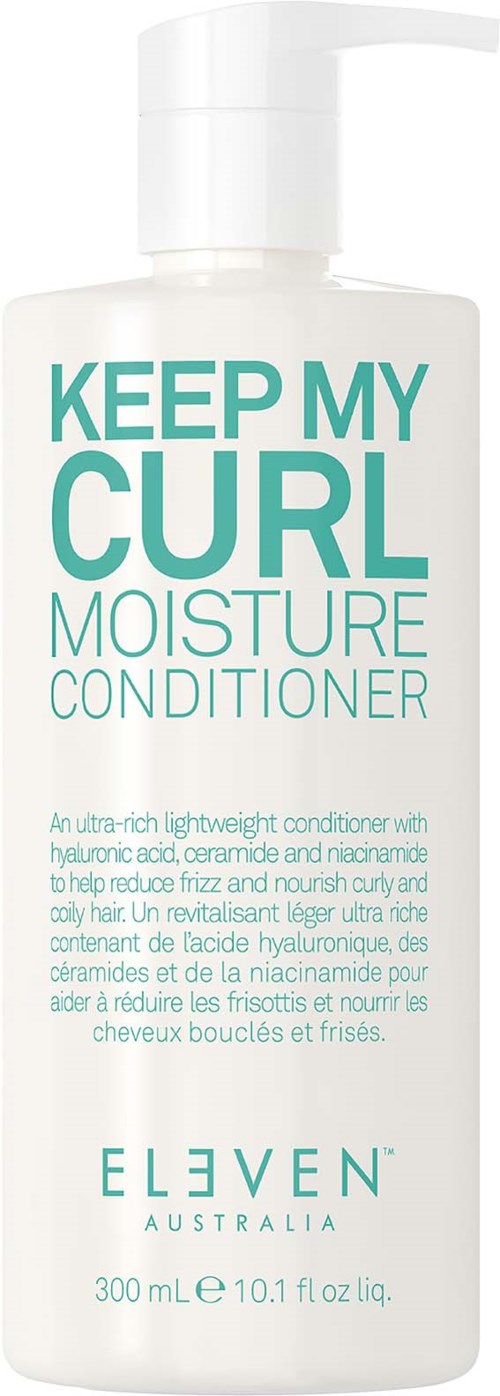 En vit flaska med hårbalsam med texten 'Keep My Curl Moisture Conditioner' i teal färg och pump högst upp.