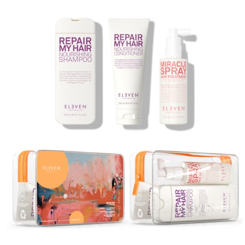 Hiustenhoitotuotteet kuten shampoo, hoitoaine, suihke ja matkakassit pienillä pulloilla.
