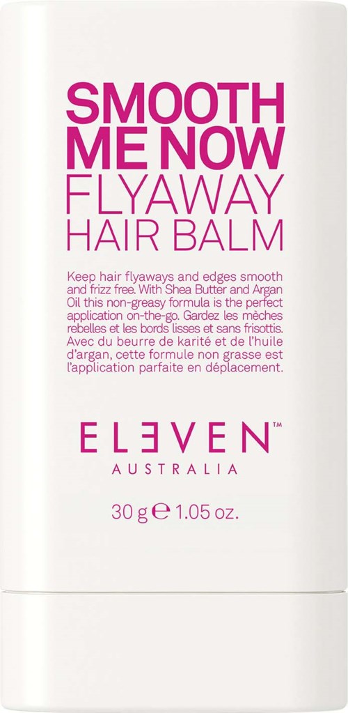 Hiushalvaisen säilytysastia, jossa on pinkki ja violetti teksti. Tuotemerkki on Eleven Australia. Edistää hiusten sileyttä.