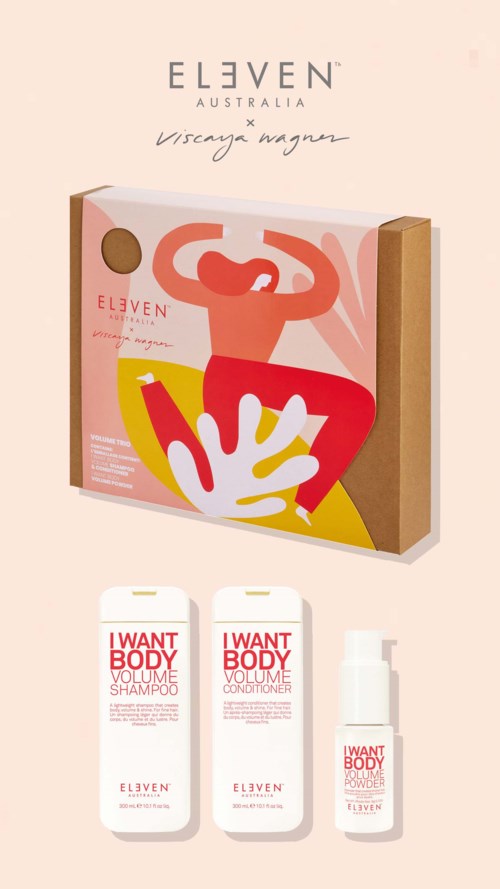A beauty product set includes shampoo, conditioner, and body powder, with a pink box featuring an abstract woman illustration.