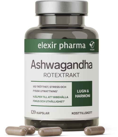 En flaske merket Ashwagandha med tabletter ved siden av, som fremmer stresslindring, fokus og ro.