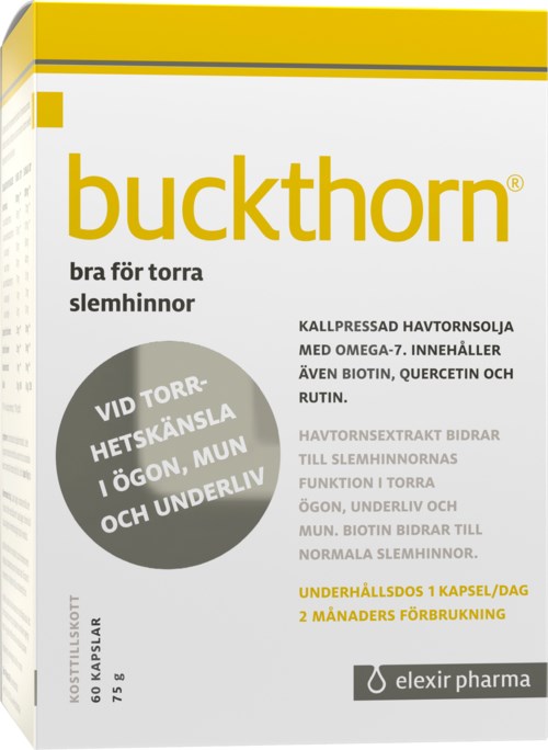 En förpackning buckthorn-tillskott för hud och ögonhälsa, innehåller omega-7, biotin och quercetin, stöder torra ögon, buk och munhälsa.