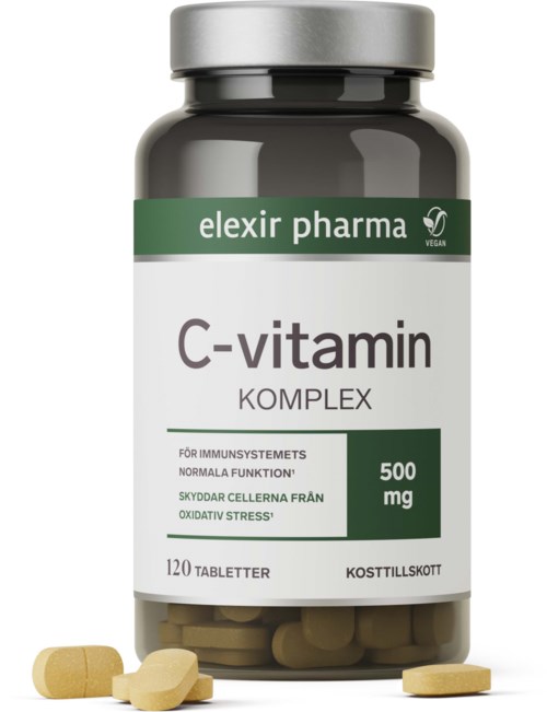 En flaska märkt C-vitamin-komplex från Elexir Pharma, med 120 tabletter, 500 mg vardera, för immunhälsa.