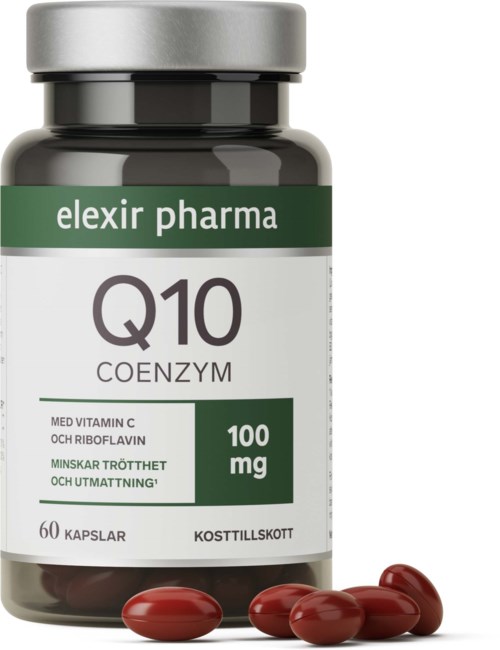 Bottle of Q10 Coenzyme supplements with red capsules in front.