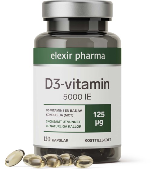 A bottle labeled D3-vitamin by elexir pharma with 125 micrograms, containing 120 capsules. Some capsules are displayed nearby.