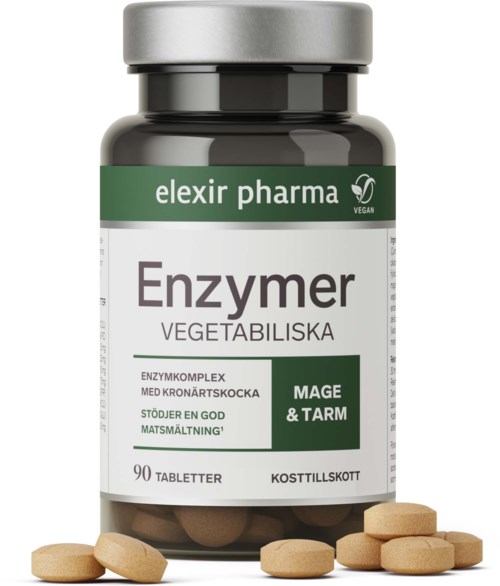 Vegan enzyme supplement with 90 tablets for digestion and stomach health, labeled Elexir Pharma, mint and wormwood flavor.