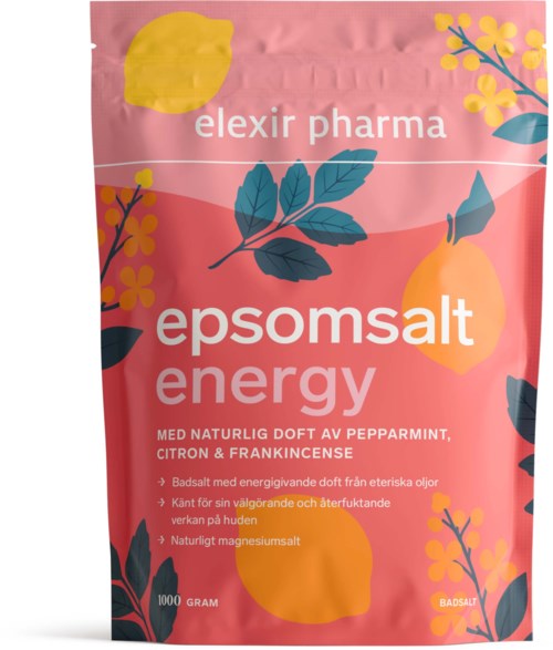 Rosa Verpackung mit gelben und blauen Blumenmustern, enthält Epsom-Salz Energie mit Pfefferminz, Zitrone und Frankincense.