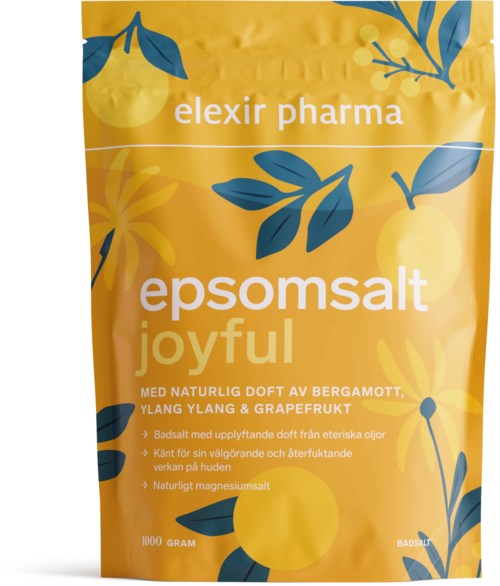 Eine gelbe Tüte mit der Aufschrift Elexir Pharma Epsom salt joyful, mit blauen und gelben Blättern und Zitrusfrüchten.