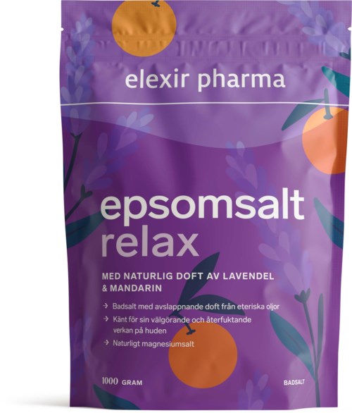 Lila Verpackung bewirbt Badesalz mit Lavendel und Mandarine für Entspannung und natürlichen Duft.