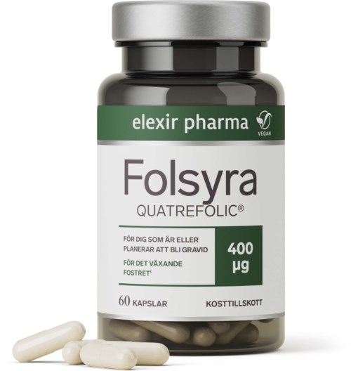 En flaska Folsyra-tillskott med vita kapslar utanför. Etiketten visar att det är för graviditetsstöd och innehåller 400 μg.