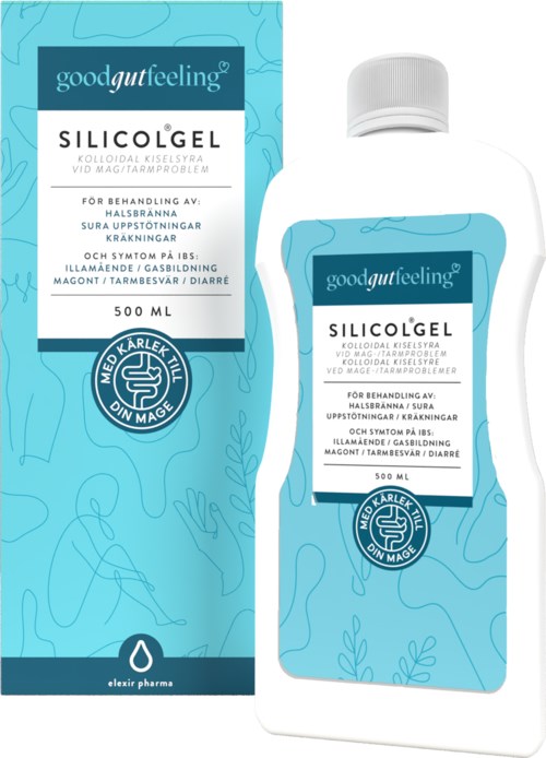 Kollidiassetillösning för behandling av diarré och tarmproblem, 500 ml förpackning med enkel design.