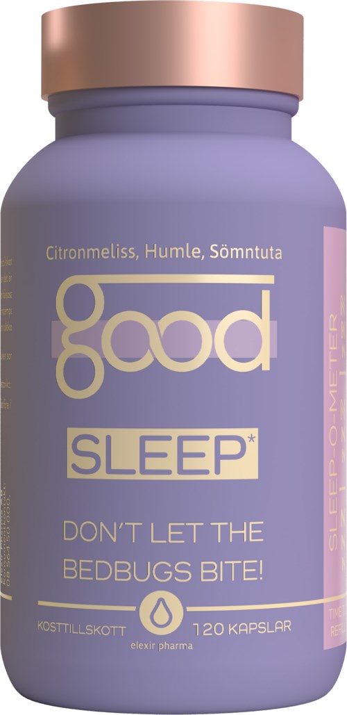 Fioletowa butelka z różowym korkiem oznaczona 'good SLEEP' i wiadomością, aby unikać pluskiew.