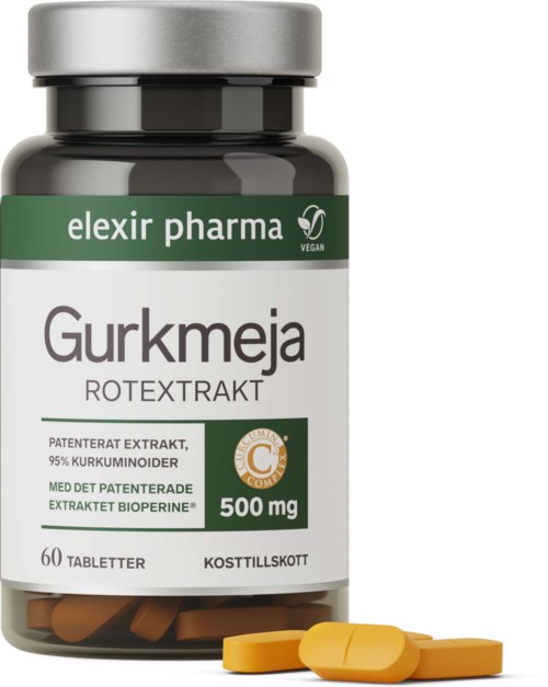 Bottle of turmeric supplement with yellow tablets and label showing 500 mg and vegan symbol.