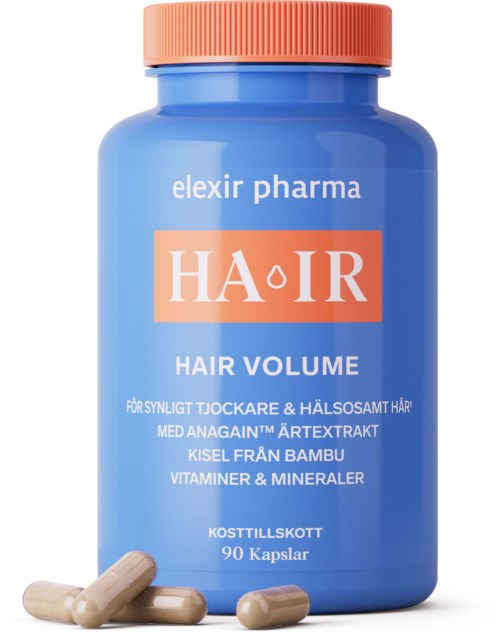 Blaue Flasche mit Kapseln für Haarvolumen, Vitamine und Mineralien. Enthält 90 Kapseln.