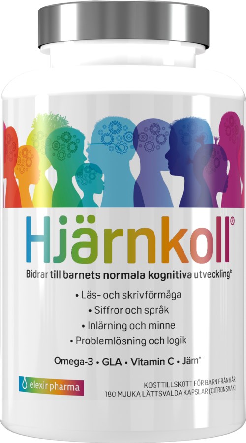 En vit flaska med en färgglad etikett med olika människohuvuden och text om hjärnstöd och kognitiv utveckling.