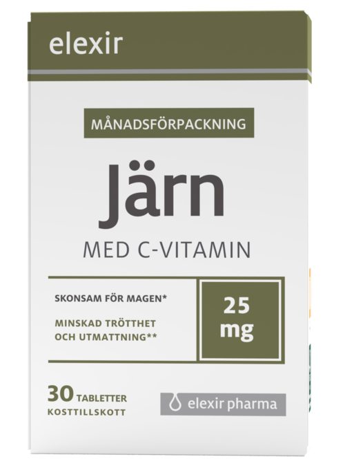 Yrttilisäpakkaus nimeltä "jarn" 25 mg rautaa ja C-vitamiinia, vatsan hyvinvoinnille ja väsymyksen vähentämiseksi. Sisältää 30 tablettia.