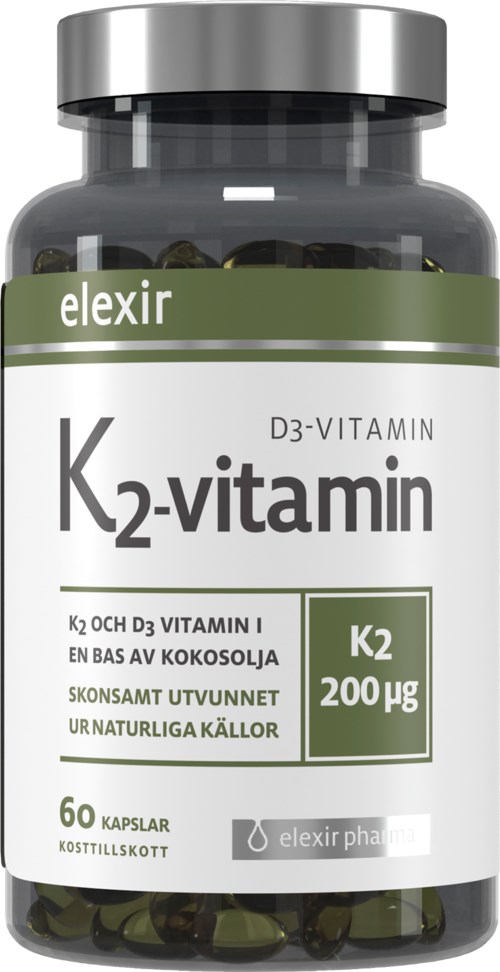 En flaska med K2-vitaminkapslar, innehåller 60 kapslar, tillverkad av naturliga källor, från Elexir Pharma.
