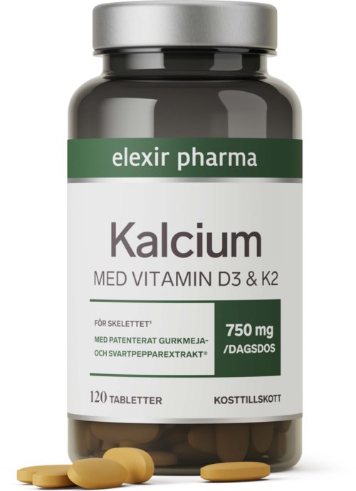 En flaska märkt kalcium med vitamin D3 och K2, innehållande 120 tabletter, tillverkad av elexir pharma.