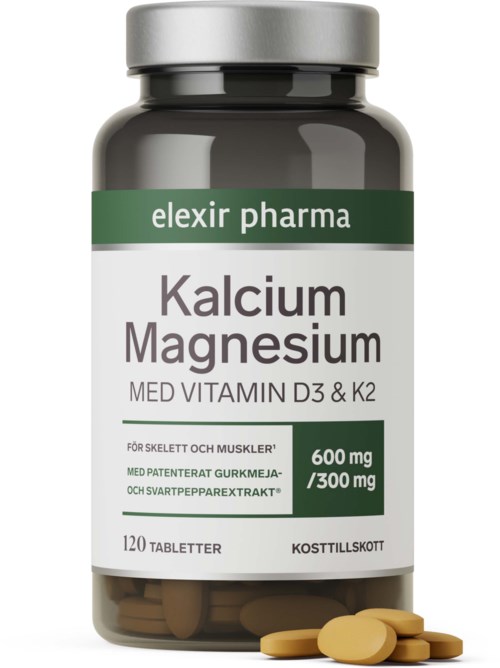 En flaska kalcium och magnesiumtillskott med 120 tabletter, märkt för ben och muskler, innehållande vitamin D3 och K2.