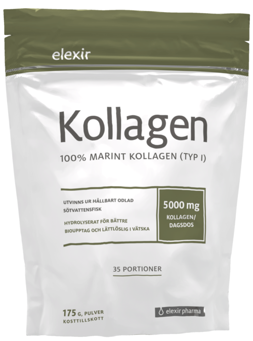 Een zak collageensupplement in groen en wit, met 35 porties en 175 g poeder.