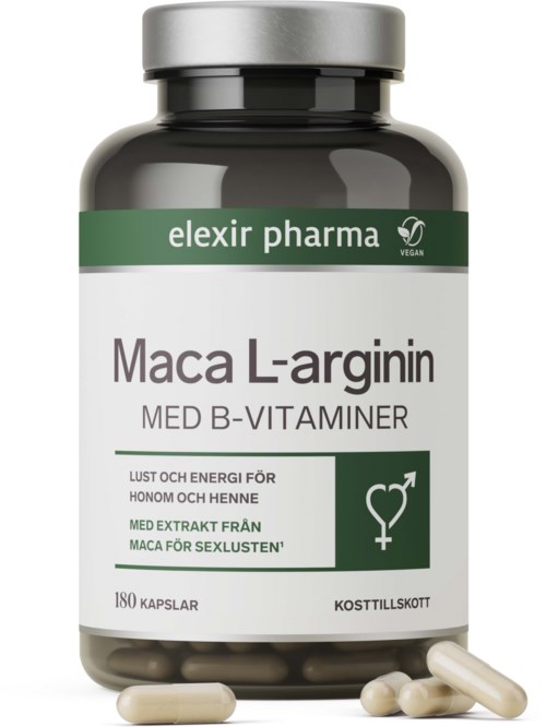 En flaske med Maca L-arginin kosttilskudd med 180 kapsler, merket for energi og libido, fra Elexir Pharma.