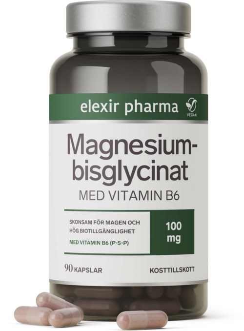 Butelka magnezu bisglycinate 100 mg z witaminą B6, kilka kapsułek obok.