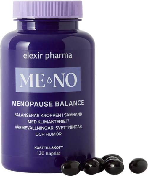 En lila flaska märkt ME NO Menopause Balance med svarta kapslar framför, erbjuden som ett kosttillskott för klimakteriebesvär.