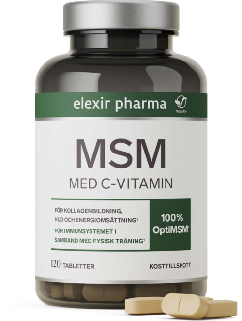 En flaske med MSM-tilskudd med 20 tabletter, etiketten viser at det støtter hud, ledd, immunforsvar og trening.